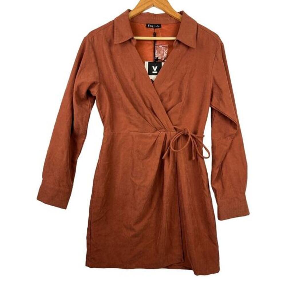 NEW‎ VERY J Brick Red Long Sleeve Faux Wrap V Neck Mini Western Dress Small